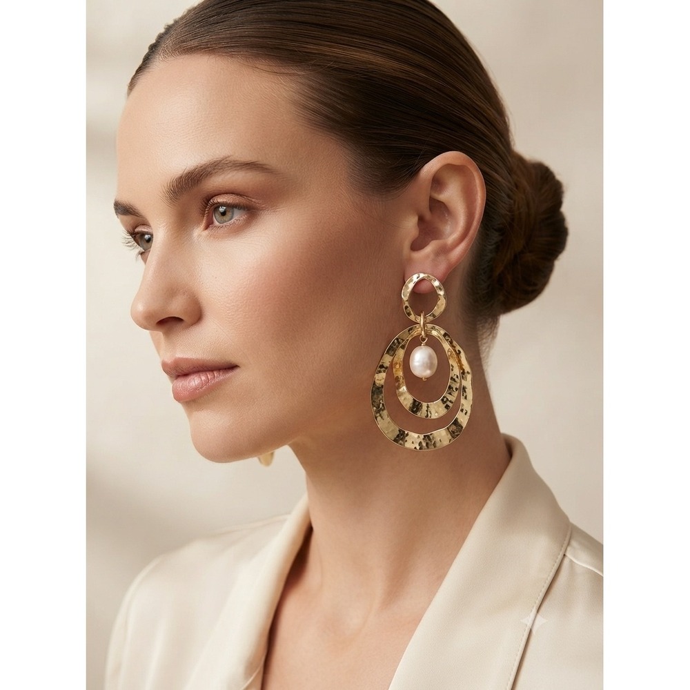 Persimmon Gold Hammered Triple Hoop Freshwater Pearl Drop Earrings NIB
